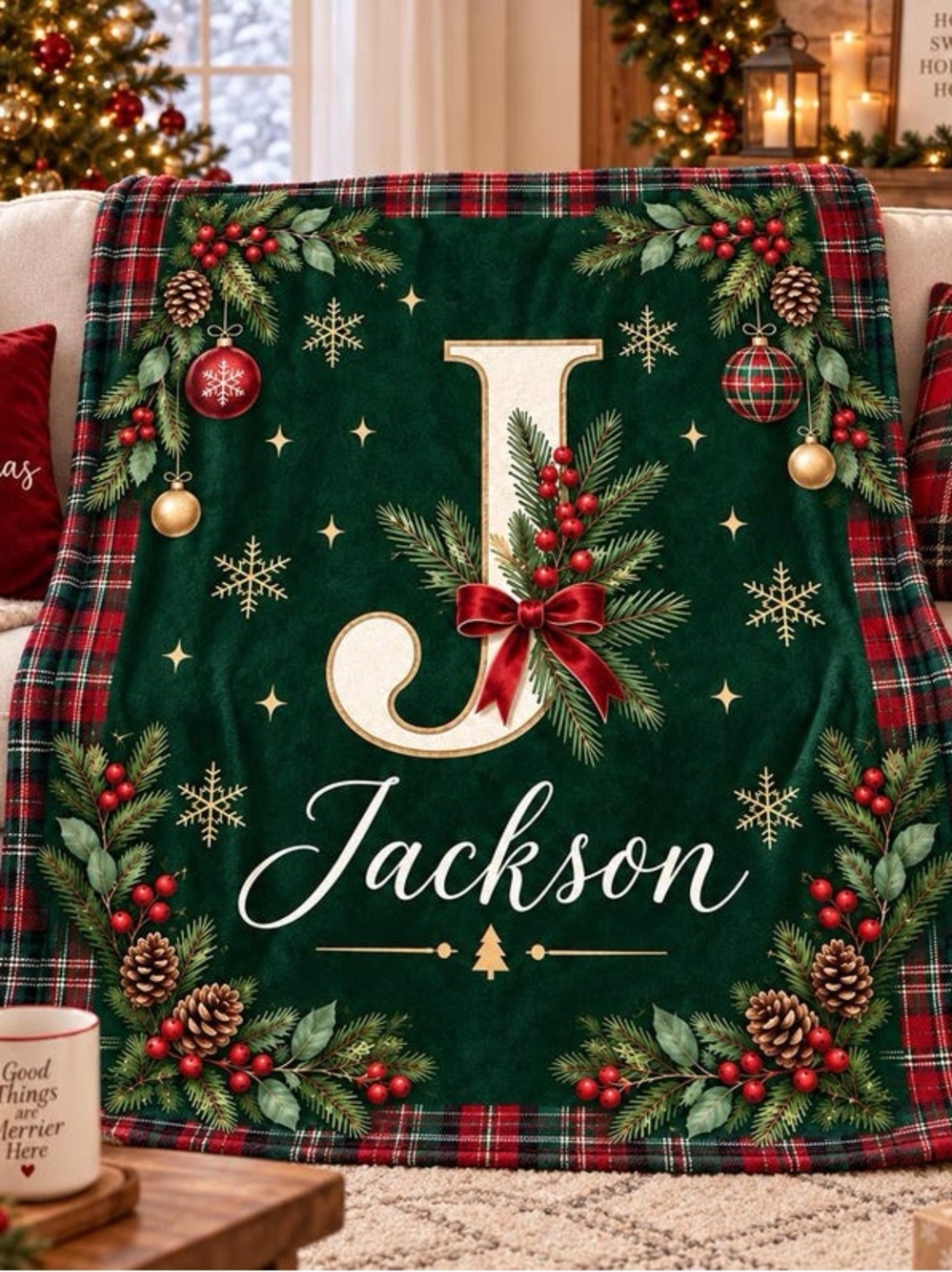Personalized Holiday Throw Blanket - Green "J" Monogram with Jackson
